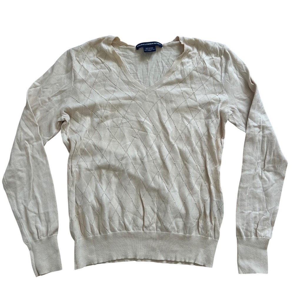 Ralph Lauren Sport Cream Pima Cotton Diamond Pointelle V-Neck Sweater Womens M